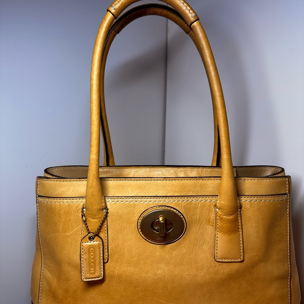 Coach Tan Leather Shoulder Bag with Gold Turnlock Closure